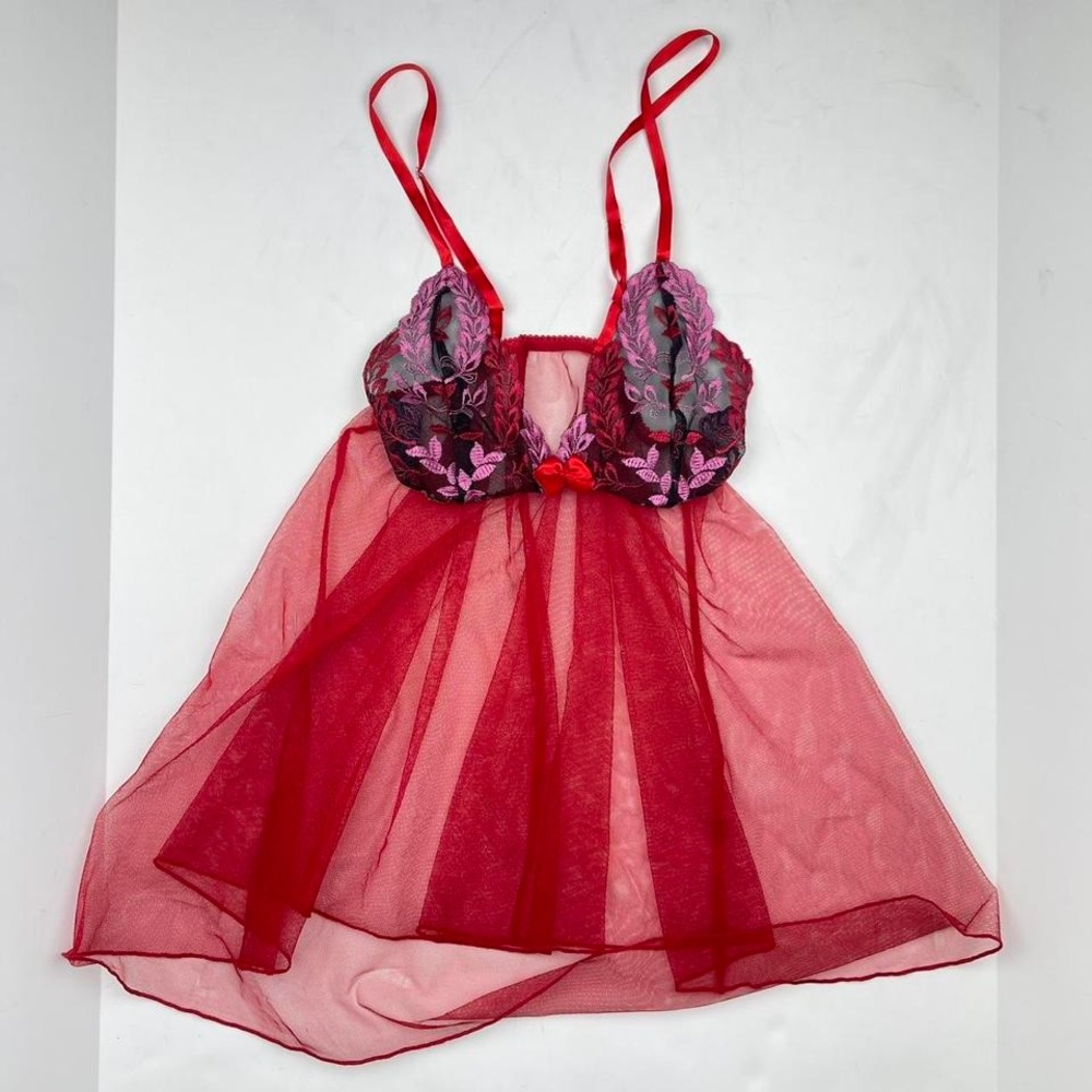 Y2K‎ Sheer Babydoll Lingerie Top in Red Floral Bows Mesh Women's Small Valentine